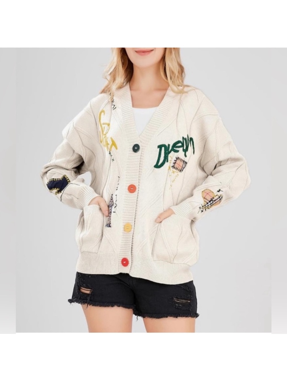 Cable Knit Cozy Embroidered Cardigan Sweater Size M